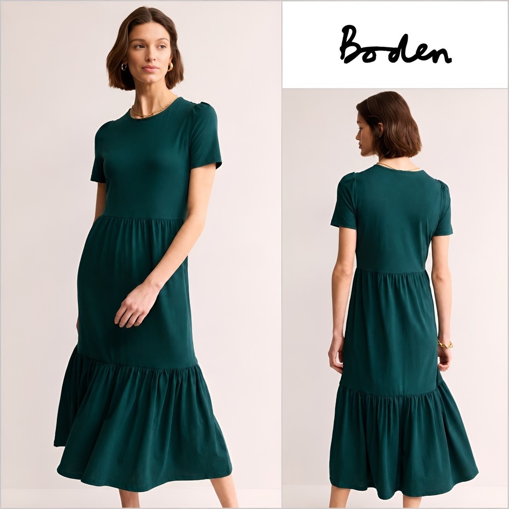 BODEN Emma Tiered Easy Jersey Midi Dress 16-18R Forest Green Pockets Classic